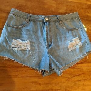 Ashley Mason distressed high rise denim shorts 14